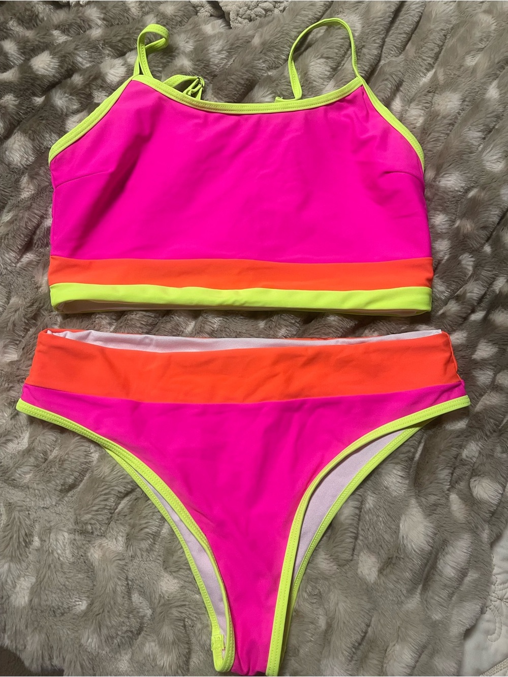 SHEIN Neon Pink, Orange & Lime Green Colorblock Bikini Set
